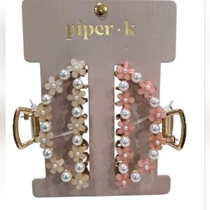 💕🔹️Piper K 🔹️ Pink and Pearl Set Of 2 Metal  Hair  Claw Floral Clips